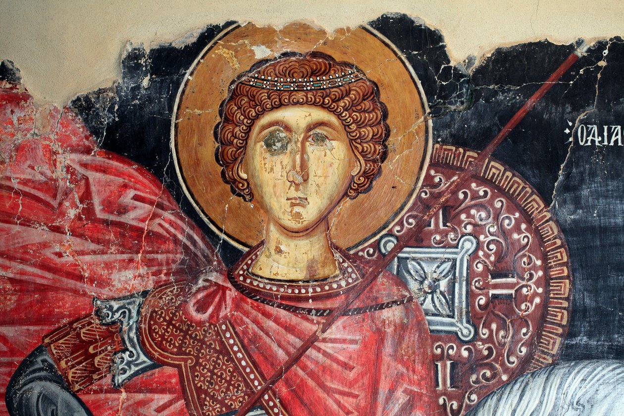 Byzantinsk fresco fra det 15. århundrede (detalje) Saint George Wall-maleri Michael Archangel Church i Pedoulas Cypern Malede kirker UNESCO-sted Troodos, Cypern af Unknown