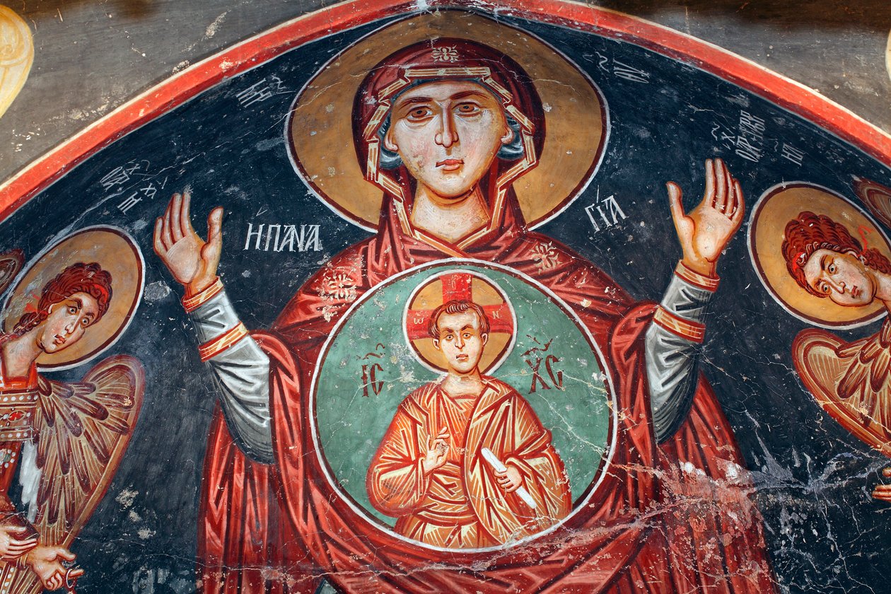 Byzantinsk fresco fra det 15. århundrede The Holy Mary Wall-maleri Michael Archangel Church i Pedoulas Cypern Malede kirker UNESCO-sted Troodos, Cypern af Unknown