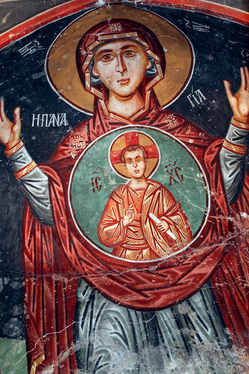 Byzantinsk fresco fra det 15. århundrede The Holy Mary Wall-maleri Michael Archangel Church i Pedoulas Cypern Malede kirker UNESCO-sted Troodos, Cypern af Unknown