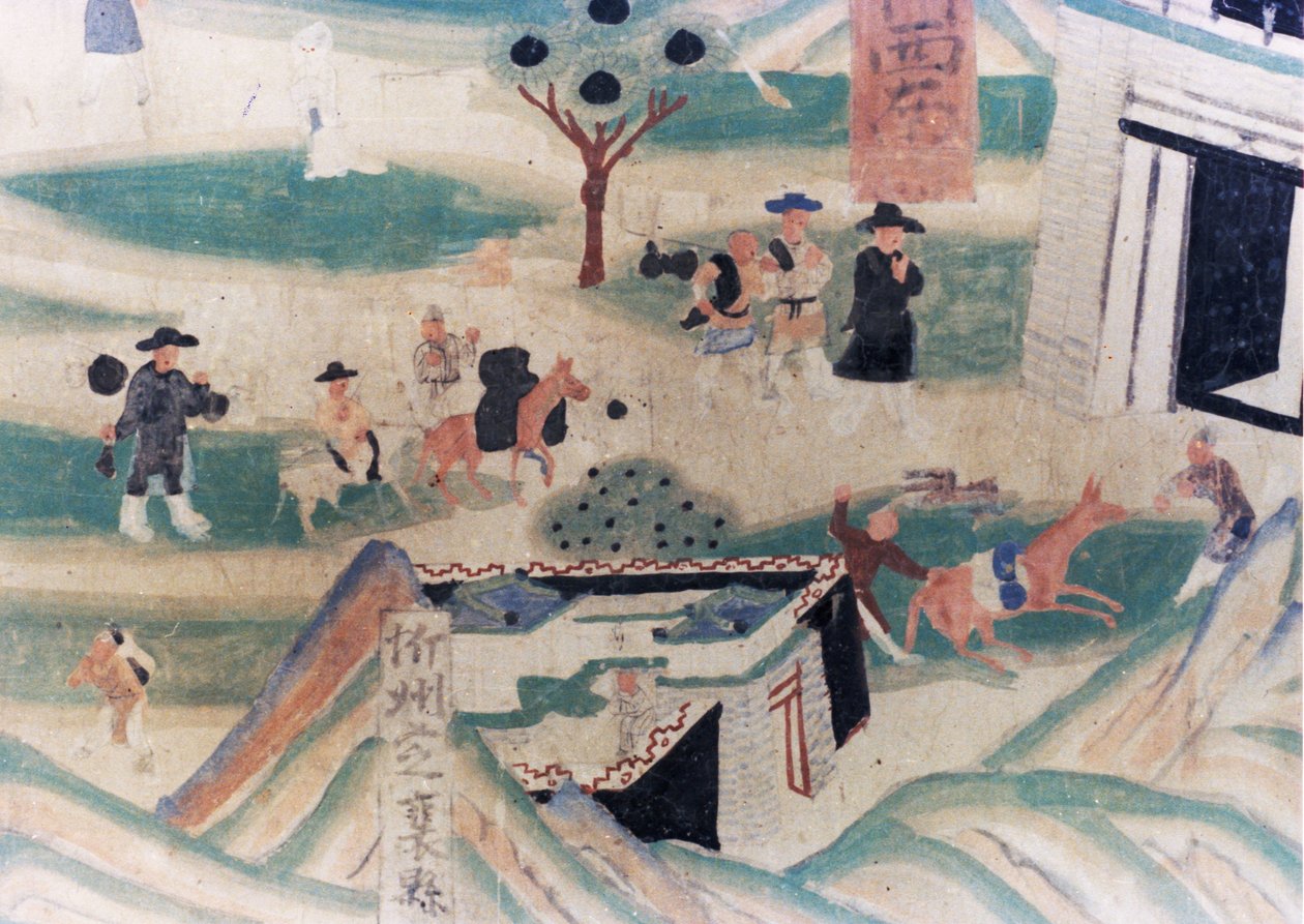 Detalje af kortet over Wutai-bjerget (Wutaishan), et vægmaleri udført under de fem dynastier (907 - 960) i Dunhuang-grotterne, der viser pilgrimme, der kommer op til en kro for natten af Unknown