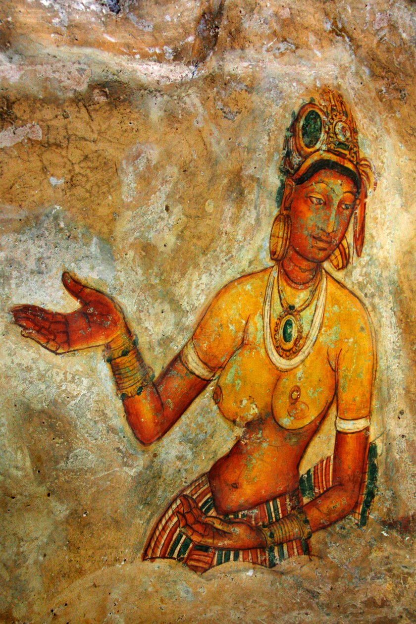 Fresco på væggen af Sigiriya-klippen i Matale-distriktet i Sri Lanka. Denne 370 meter høje lavahøj af en gammel vulkan er berømt for det befæstede paladskompleks, bygget under kong Kas regeringstid. af Unknown