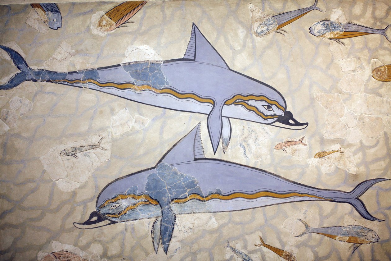 Minoisk kunst. "Delfinfresken". Kalkmaleriet dekorerede væggen eller gulvet i en sal over dronningens megaron. Fresko rekonstrueret fra fragmenter af det originale værk fundet i Knossos (1600 - 1450 f.Kr. af Unknown