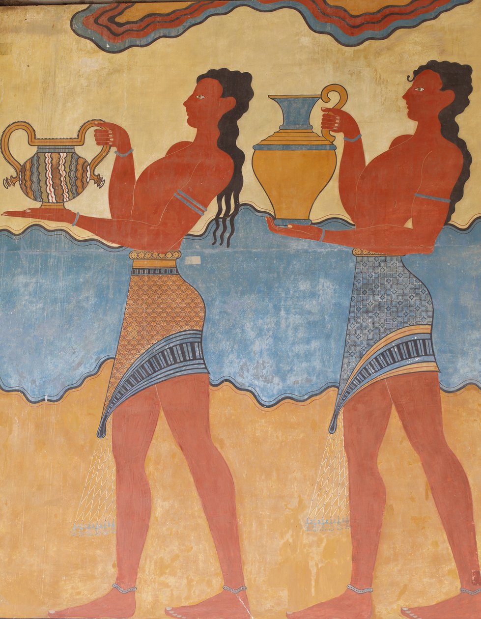Minoen arkæologiske sted Knossos. Minoen kunst. Figurer af "processionsfresken"" fra paladset i Knossos. Syd indgang. Kopi af et relief vægmaleri, hvoraf der blev fundet enkelte fragmenter. Th af Unknown