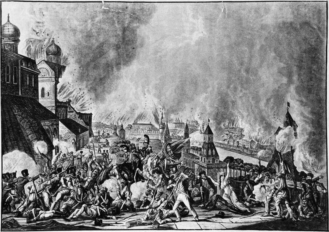 Napoleonskrigen i 1812, Moskva-branden, 15. september 1812 fra en gravering af L, Rugendas (1813). af Unknown