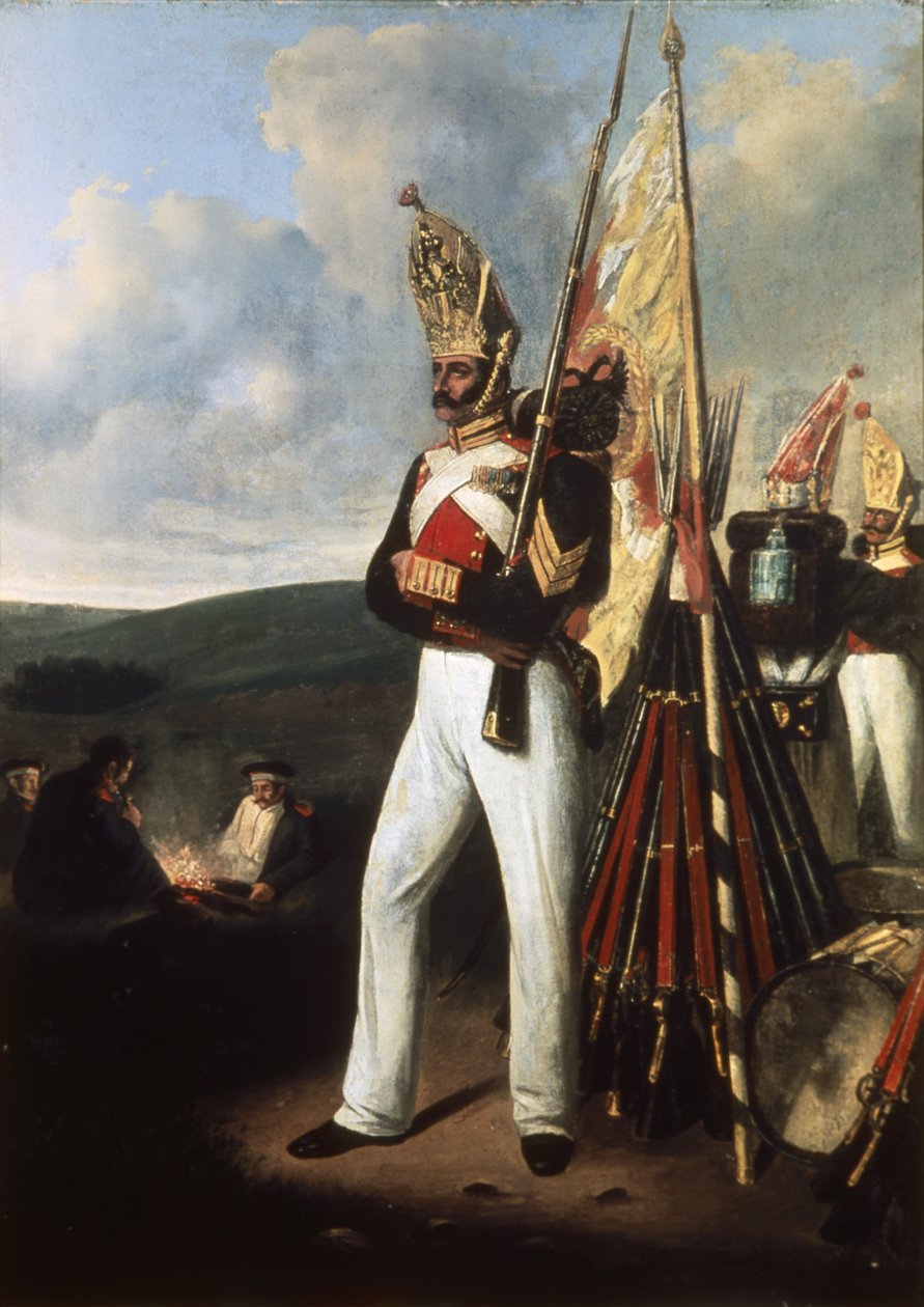 Maleri af en infanterisoldat fra det russiske Pavlovsky-regiment på tidspunktet for slaget ved Borodino under krigen i 1812 med Napoleon. af Unknown