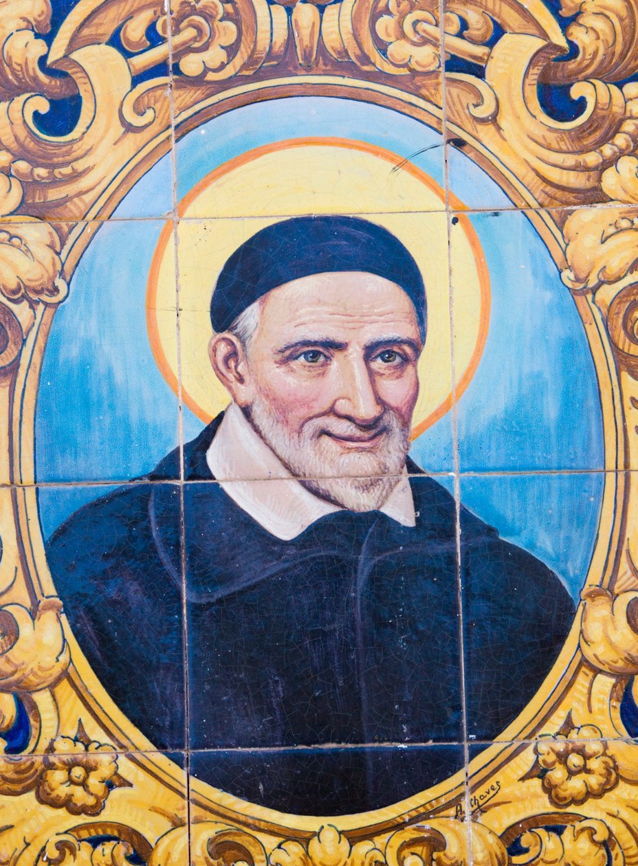 Saint Vincent de Paul 1581-1660. fransk katolsk præst og hellig. Keramiske fliser til gade opkaldt efter de Paul, Cordoba, Cordoba-provinsen, Spanien. af Unknown