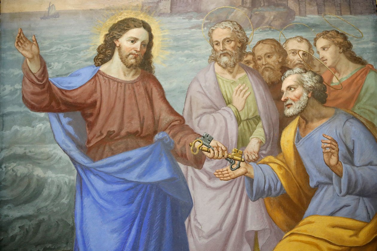 Saint-Grat kirke, maleri, Kristus overrækker nøglerne til St. Peter, Valgrisenche, Italien af Unknown