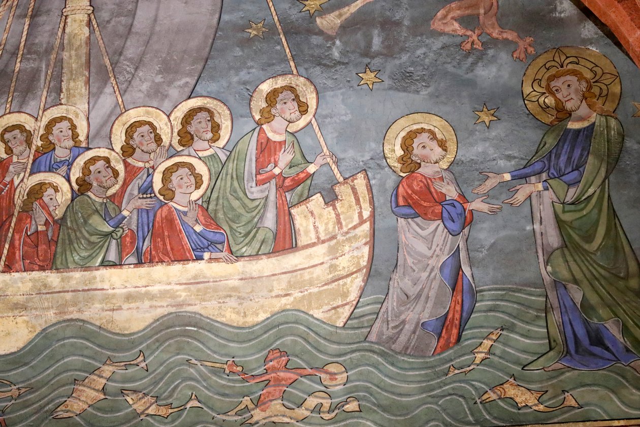 Saint-Pierre-le-Jeune protestantiske kirke, Tiberias-søen, Kristus, der går på vandet og Saint Peter, Fresco, Strasbourg, Frankrig. af Unknown