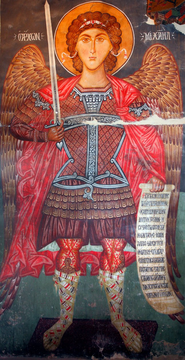 Den byzantinske fresco fra det 15. århundrede (detalje) Michael Ærkeengel Vægmaleri Michael Ærkeengel Kirke i Pedoulas Cypern Malede kirker UNESCO-sted Troodos, Cypern af Unknown