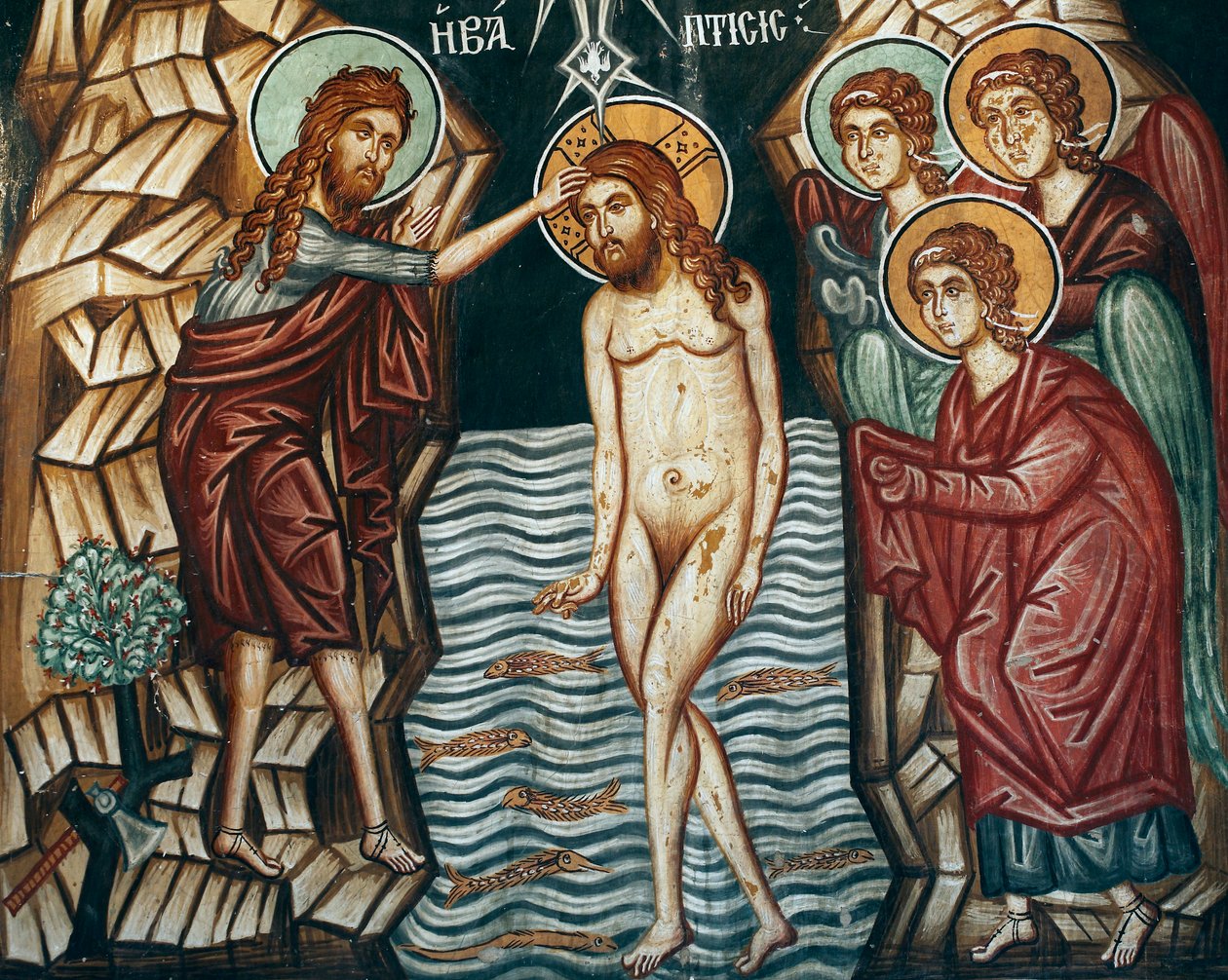 Den byzantinske fresco fra det 15. århundrede Kristus Baptim Vægmaleri Michael Archangel Church i Pedoulas Cypern Malede kirker UNESCO-sted Troodos, Cypern af Unknown
