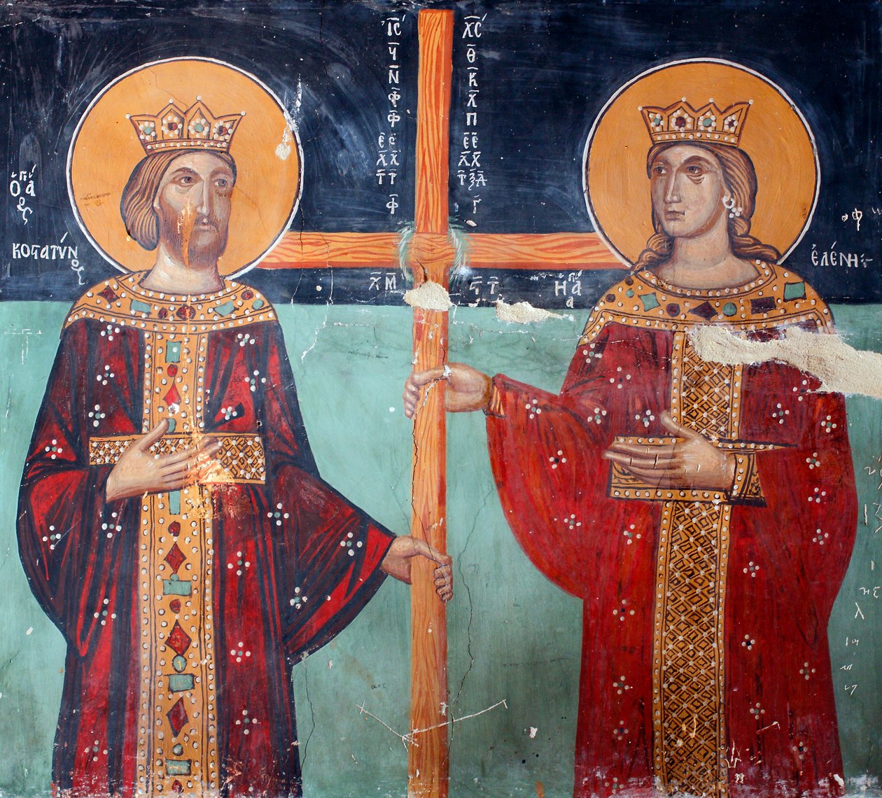Den byzantinske fresko fra det 15. århundrede Kejser Konstantin og hans mor Helene Vægmaleri Michael Ærkeengel Kapel, Galata landsby Cypern Malede kirker UNESCO-sted Troodos, Cypern af Unknown