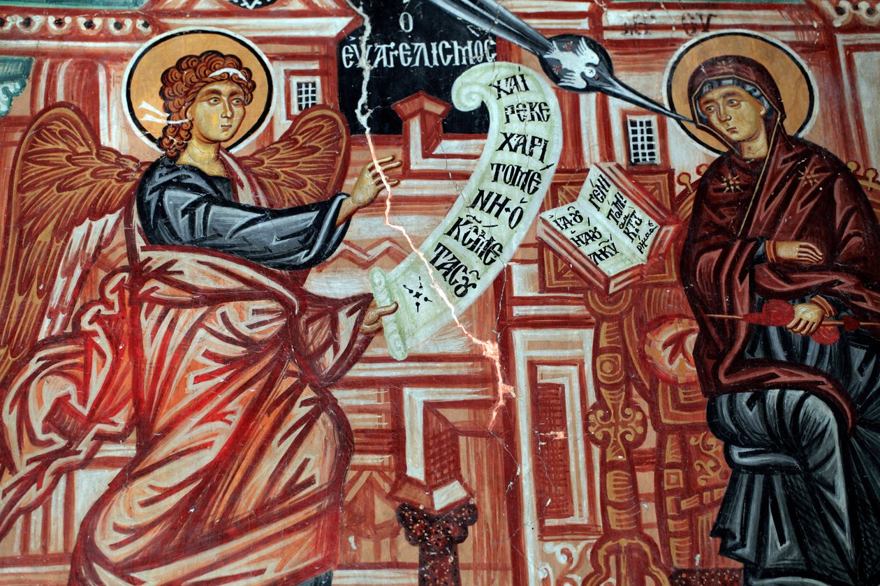 Den byzantinske fresco fra det 15. århundrede Bebudelsen til den hellige jomfru Maria Vægmaleri Michael Ærkeengelkirken i Pedoulas Cypern Malede kirker UNESCO-sted Troodos, Cypern af Unknown