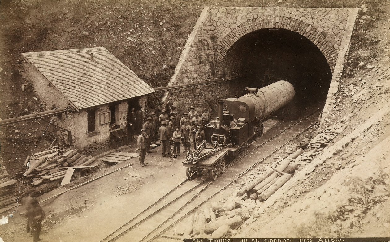 Arbejdere under opførelsen af Gotthard-jernbanetunnelen, Schweiz, ca. 1880 af Unknown