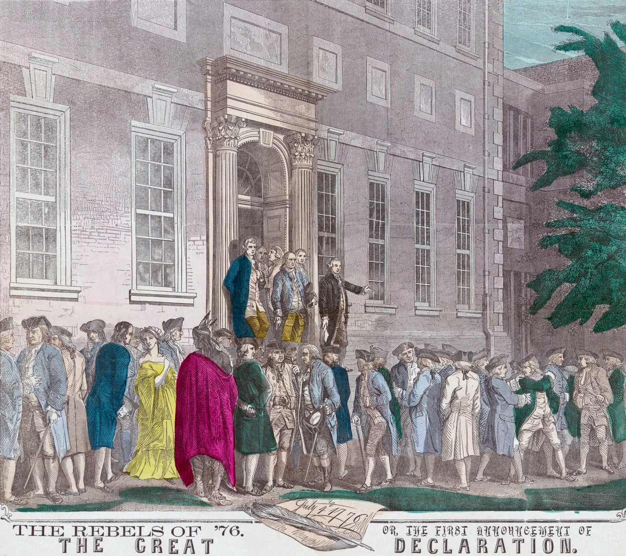 Den 4. juli 1776 forlader medlemmer af den anden kontinentale kongres Philadelphias Independence Hall efter at have vedtaget erklæringen om uafhængighed fra Storbritannien, fra et tryk fra det 19. århundrede (colou af American School