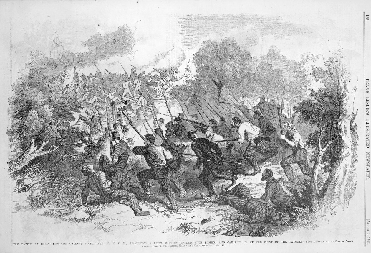 Slaget ved Bull Run: The Gallant Sixty-Ninth N.Y.S.M. At overfalde et rebelbatteri maskeret med buske og bære det på spidsen af bajonetten, fra 