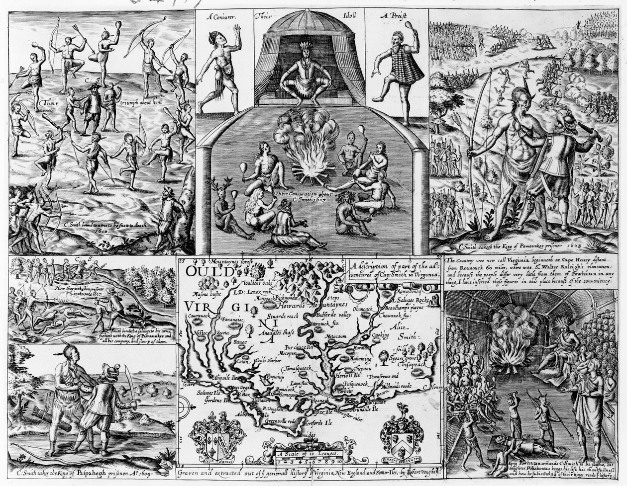 "En beskrivelse af en del af Cap. Smith i Virginia", illustration fra en "General History of Virginia, New England and the Summer Isles" af Smith, graveret af Robert Vaughan (fl.1622-7) af English School