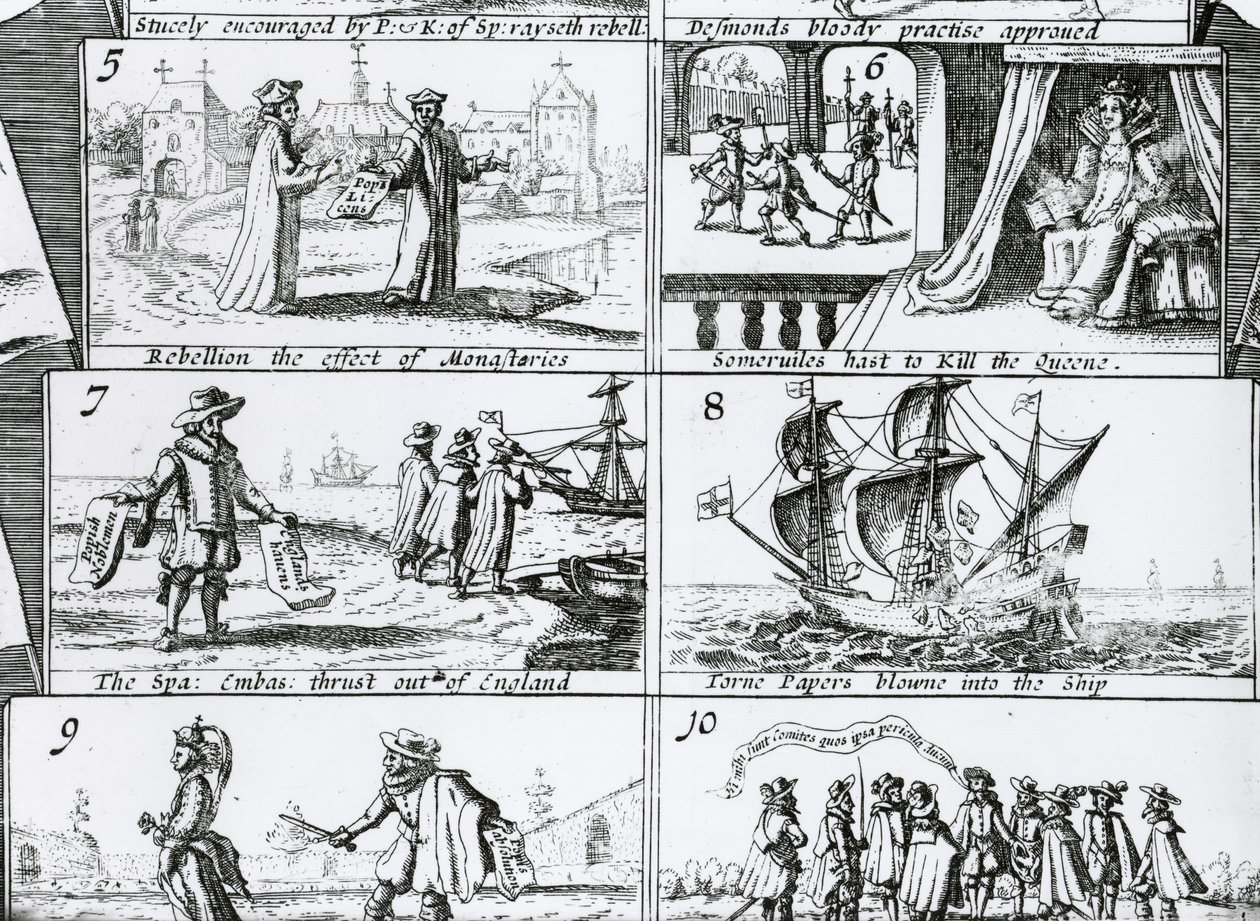 Oprør, virkningen af klostre; Somervilles hastværk for at dræbe dronningen; de spanske ambassadører skubbet ud af England; sønderrevne papirer blæst ind i skibet, detalje fra Popish Plots and Treasons, graveret af English School