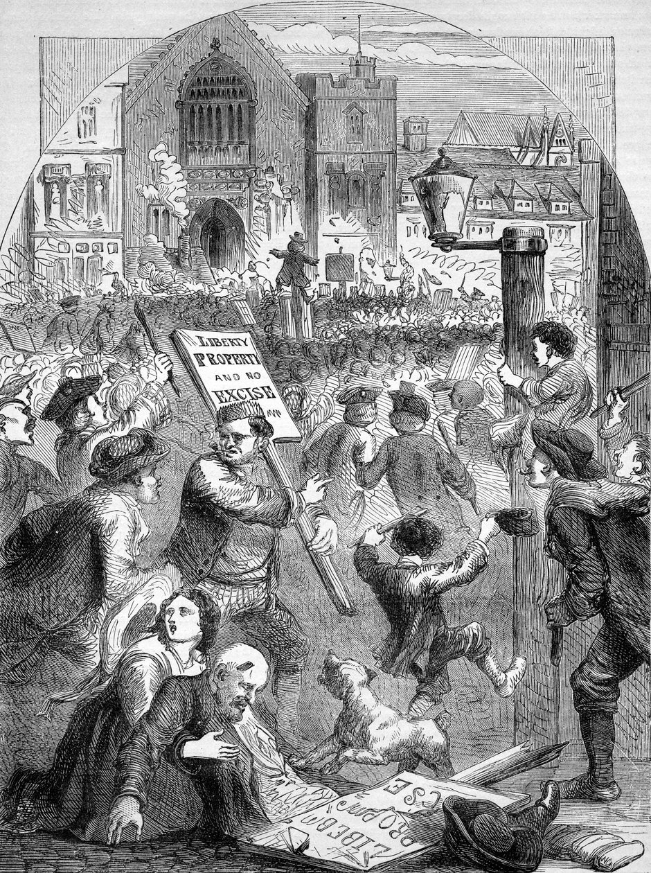 Riotous Assembly uden for parlamentshuset om indførelsen af punktafgiftsordningen, illustration fra 