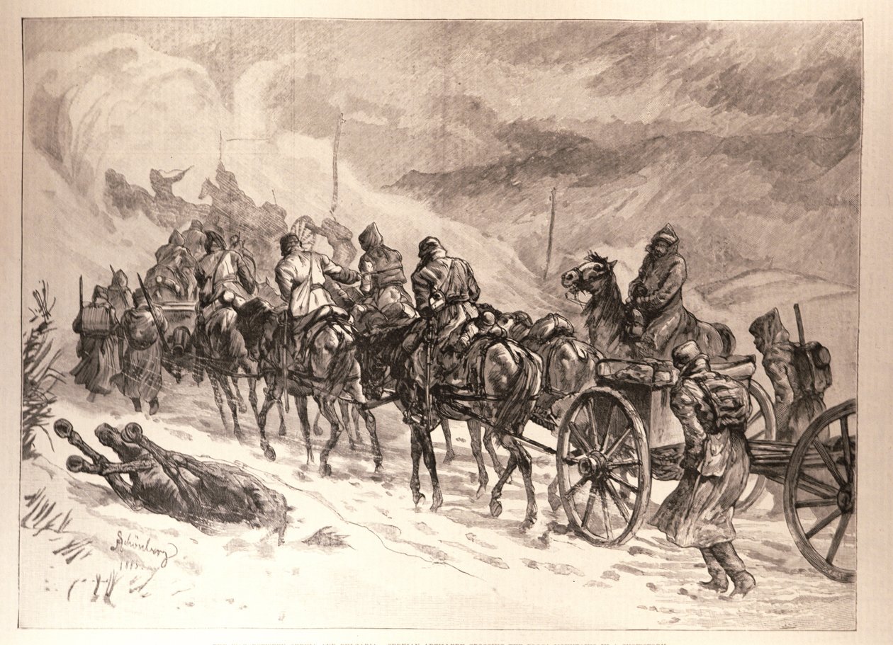 The War Between Servia and Bulgaria: Servian Artillery Crossing the Ploca Mountains in a Snowstorm, fra en skitse af J. Schonberg, fra 