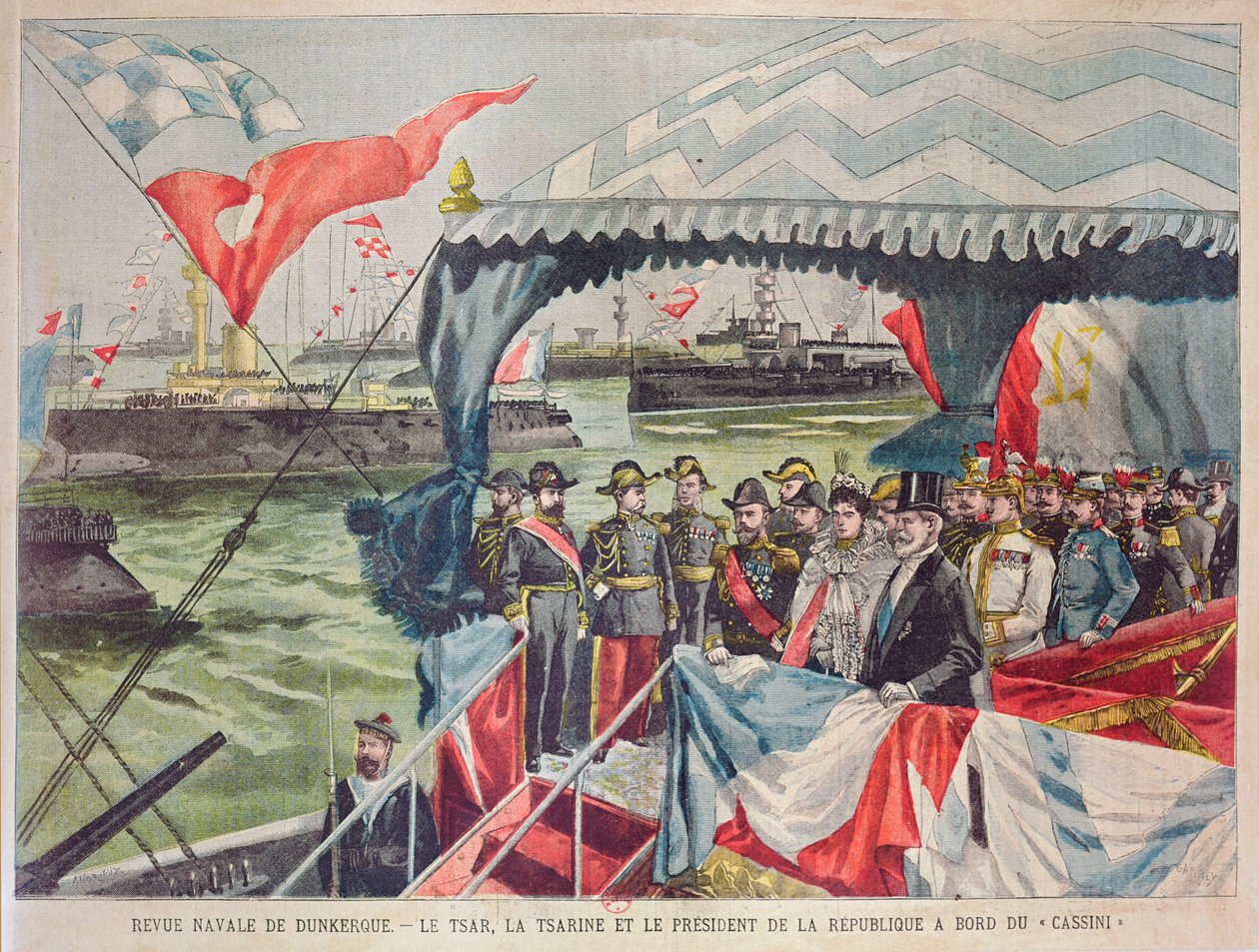 Naval Review at Dunkirk: Zar Nicolas II med sin hustru, zarina Alexandra, og præsident Loubet om bord på torpedokanonbåden "Cassini", illustration fra "Le Petit Parisien", 22. september 1901 (farvel af Carrey