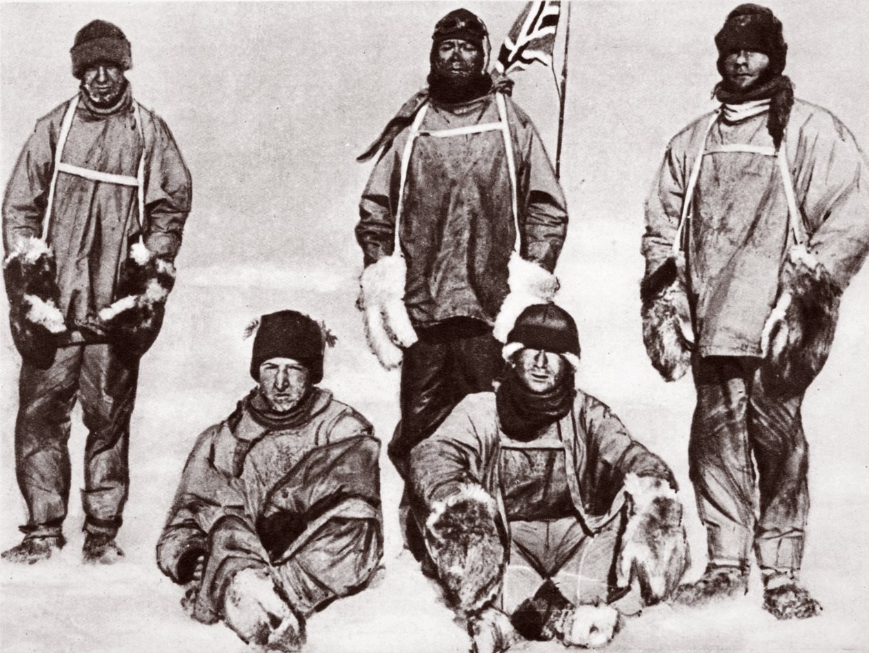 Scott, Wilson, Oates, Bowers og Evans på Sydpolen, 18. januar 1912 af English Photographer