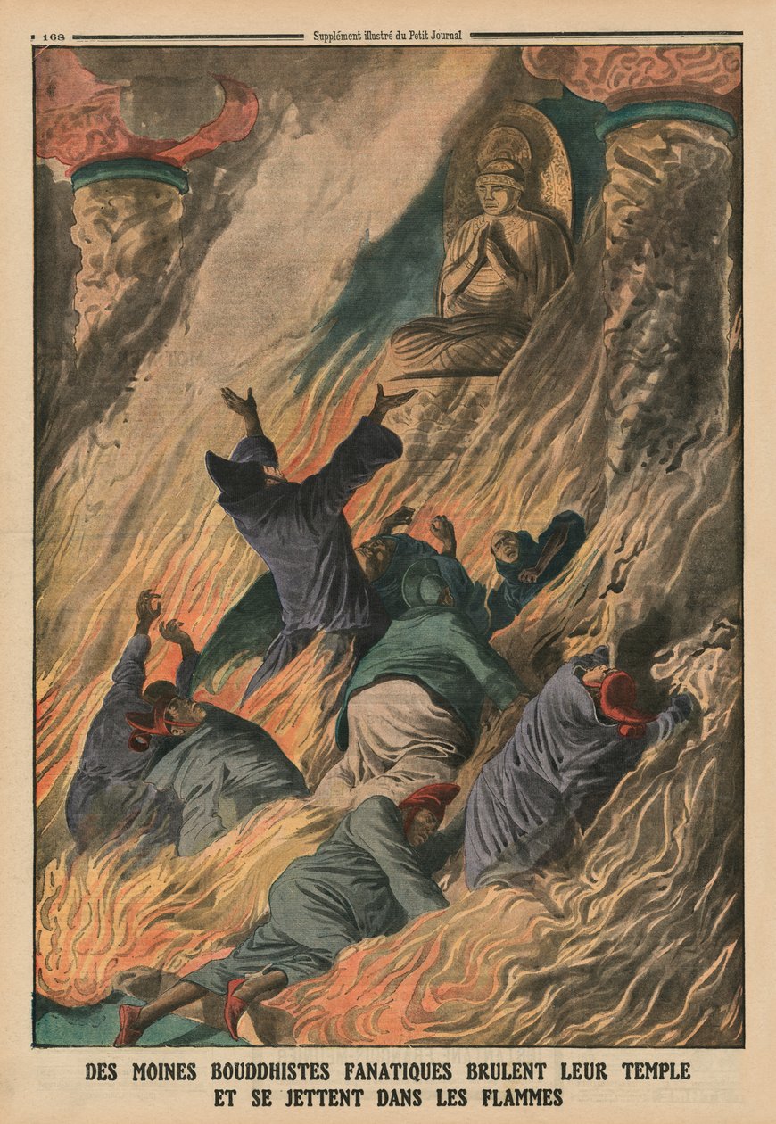 Fanatiske buddhistiske munke sætter deres tempel i brand og kaster sig ind i flammerne, Island of Formosa, bagsideillustration fra 
