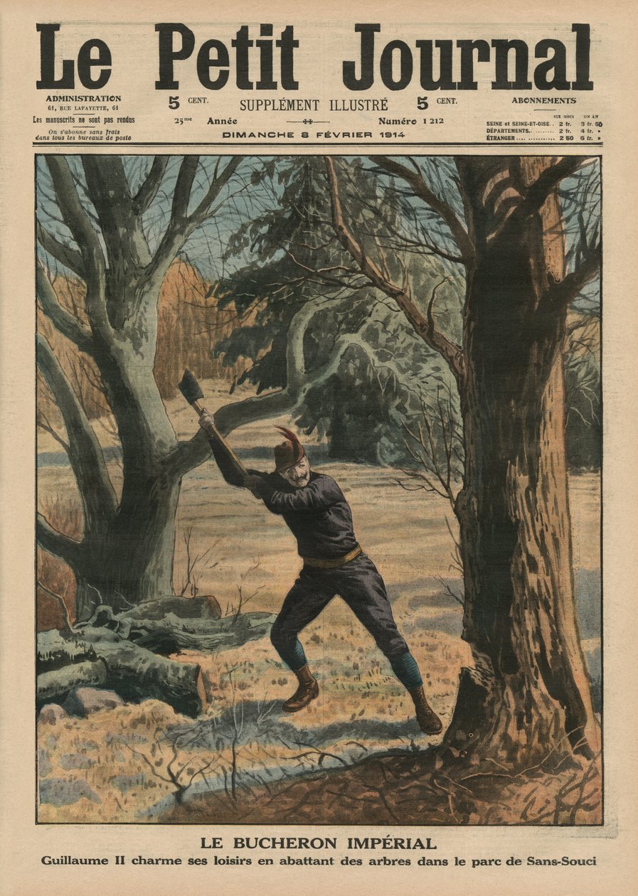 Imperial Woodcutter, Wilhelm II nyder sin fritid ved at fælde træer i parken Sanssouci, forsideillustration fra 
