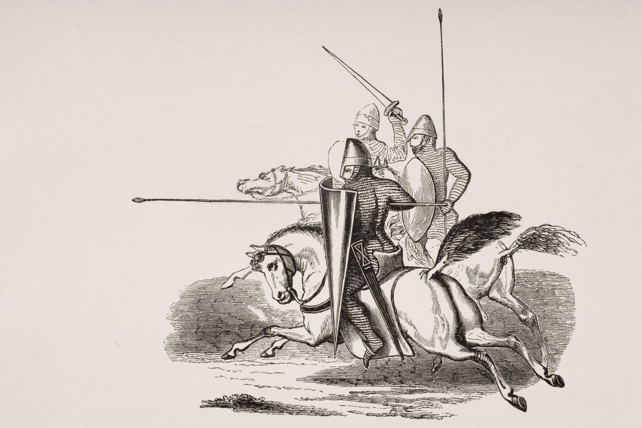 Knights and Men at Arms in the Reign of Louis le Gros, efter en miniature i en psalter fra det 12. århundrede, fra 