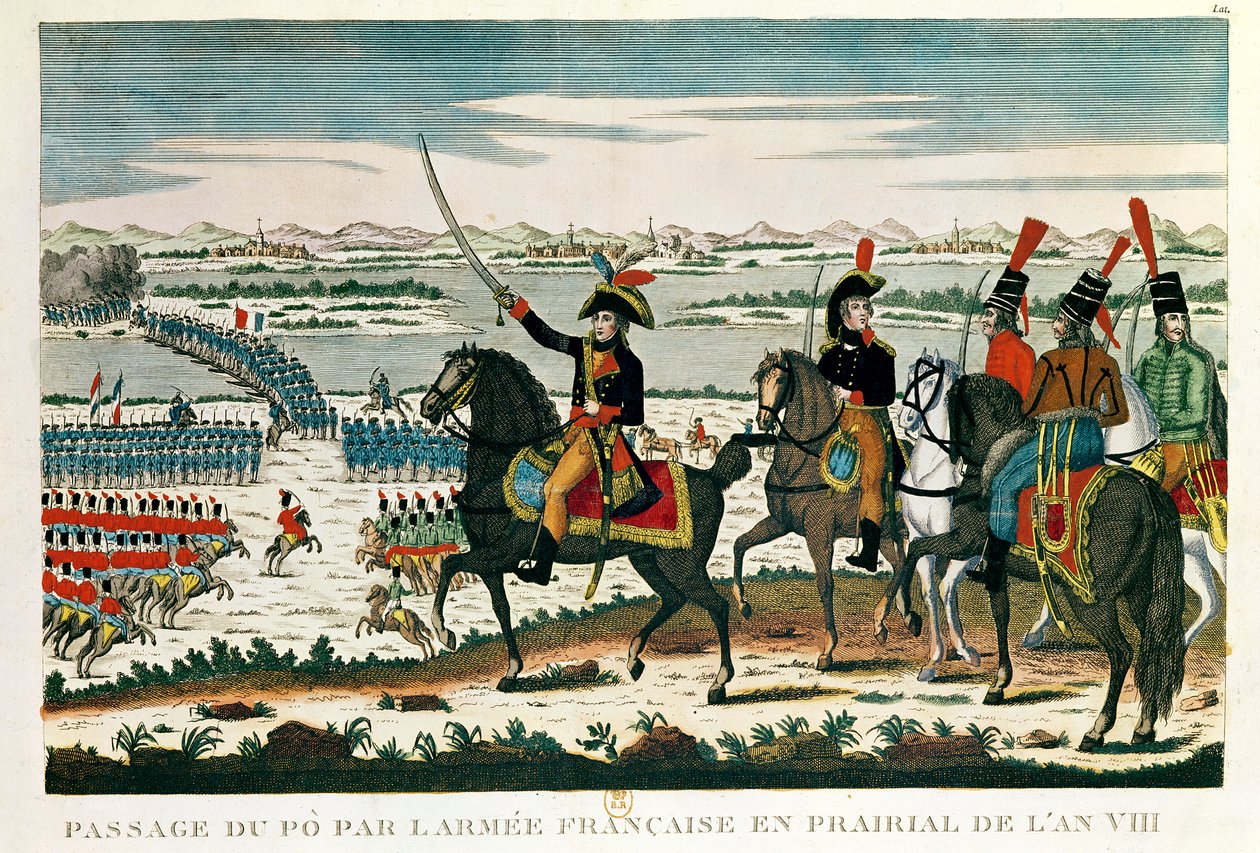 Passage til Po, før slaget ved Marengo, Prairial, år VIII (farvet indgravering) af French School