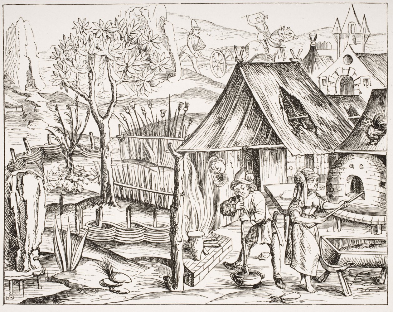 Bønder, der dyrker korn og fremstiller byg- og havrebrød, efter et træsnit fra en udgave af Virgil udgivet i Lyon, 1517, fra 