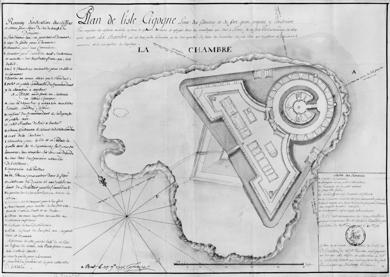 Plan over Ile Cigogne og projektet af et fort, Archipel des Glenan, 1745 (blyant og wc på papir) af French School