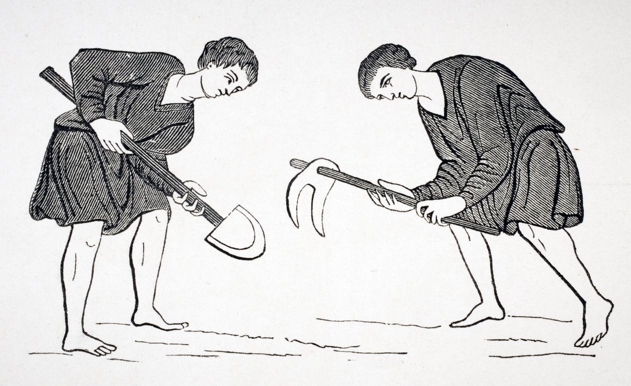 Livegne, der arbejder i marken med hakke og spade, efter en miniature i et manuskript fra det 12. århundrede, fra "Le Moyen Age et La Renaissance" af Paul Lacroix (1806-84), udgivet 1847 (litografi) af French School