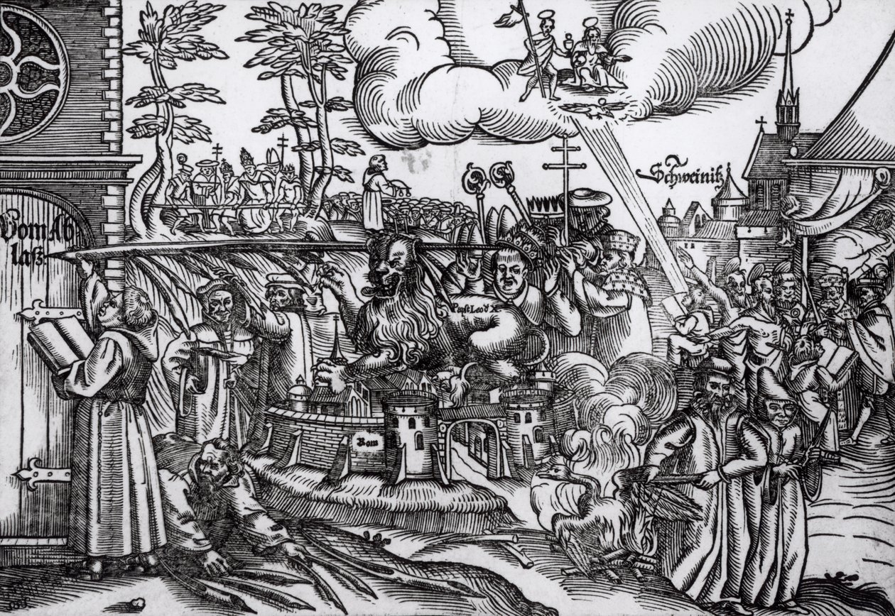 Martin Luther (1483-1546) skriver på kirkedøren i Wittenberg i 1517 (træsnit) (bw foto) af German School