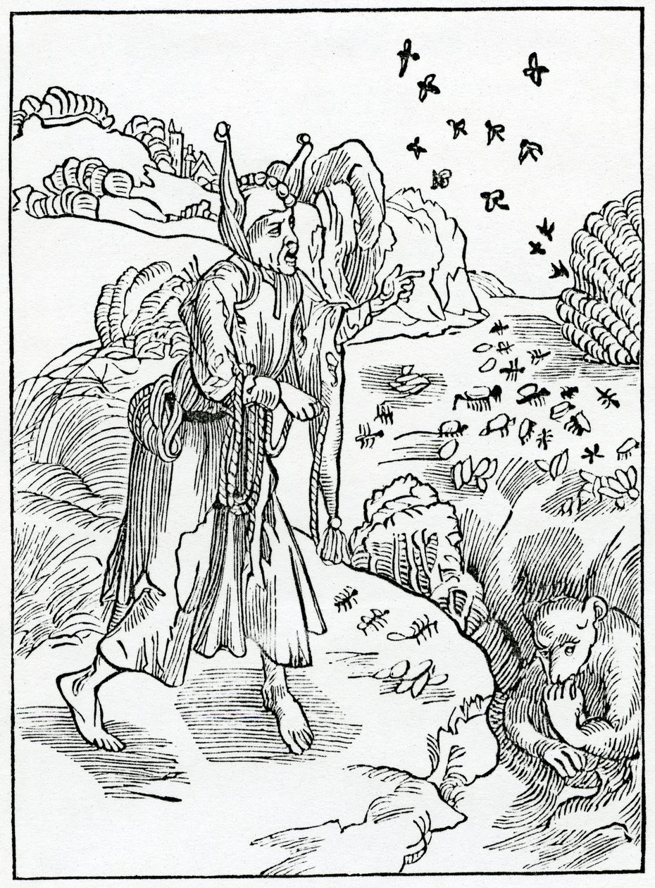 Of foles without prouysion, that prouyde nought in the somer to lyue by in the wynter nor in youth to lyue by in age, illustration fra Alexander Barclay