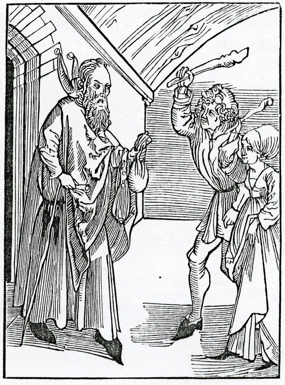 Of folysshe children yt worshyp nat their fader and moder, illustration fra Alexander Barclays engelske oversættelse af "The Ship of Fools", fra en udgave udgivet i 1874 af German School