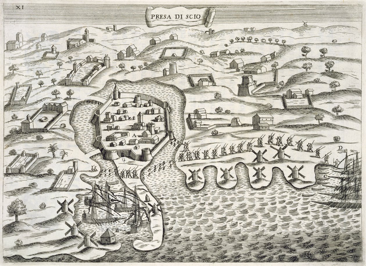 Italienske soldater marcherer ind i den befæstede by på øen Chois, illustration fra 