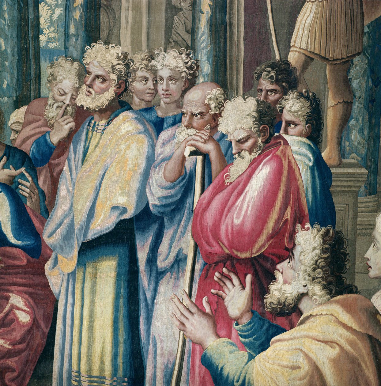 Tapetet af apostlenes Gerninger, Sankt Paulus prædiker til Areopagos (detalje af athenerne, der lytter til Sankt Paulus prædiken), vævet på Beauvais-værkstedet under ledelse af Ph. af Raffaello Sanzio Raphael