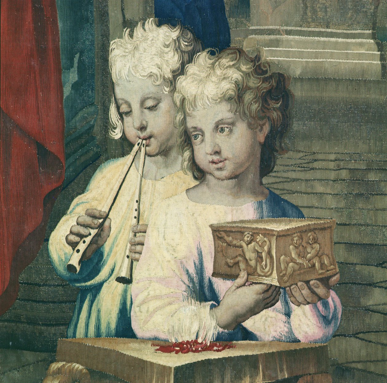 Gobelin, der forestiller Apostlenes Gerninger, ofringen af Lystra (detalje to barn, en spiller en dobbeltfløjte og den anden præsenterer en lille æske), vævet på Beauvais Workshop under ledelse af Raffaello Sanzio Raphael