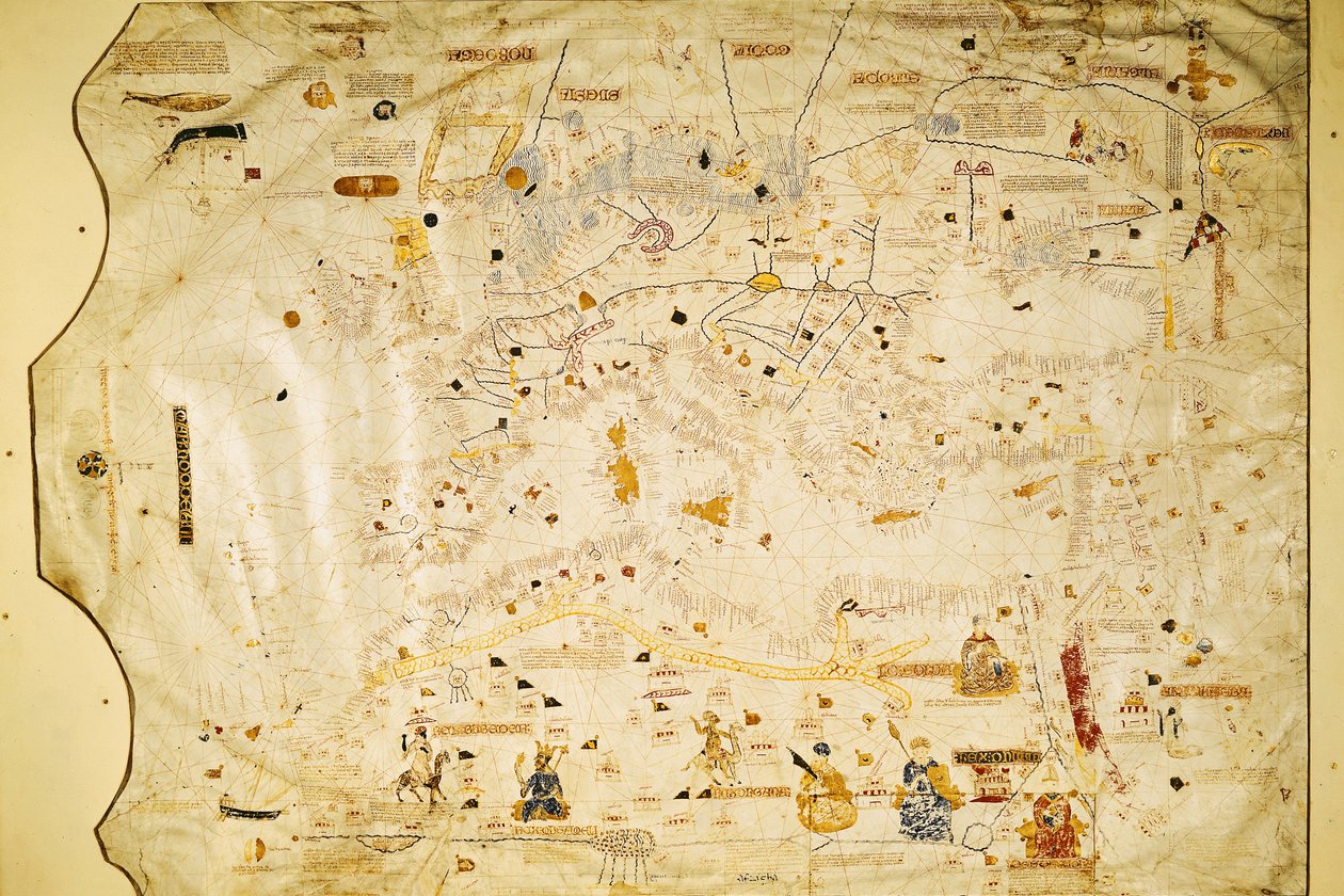 Kort over Charles V, Kort over Mecia de Viladestes, en portulan af Europa og Nordafrika, 1413 (vellum) af Spanish School