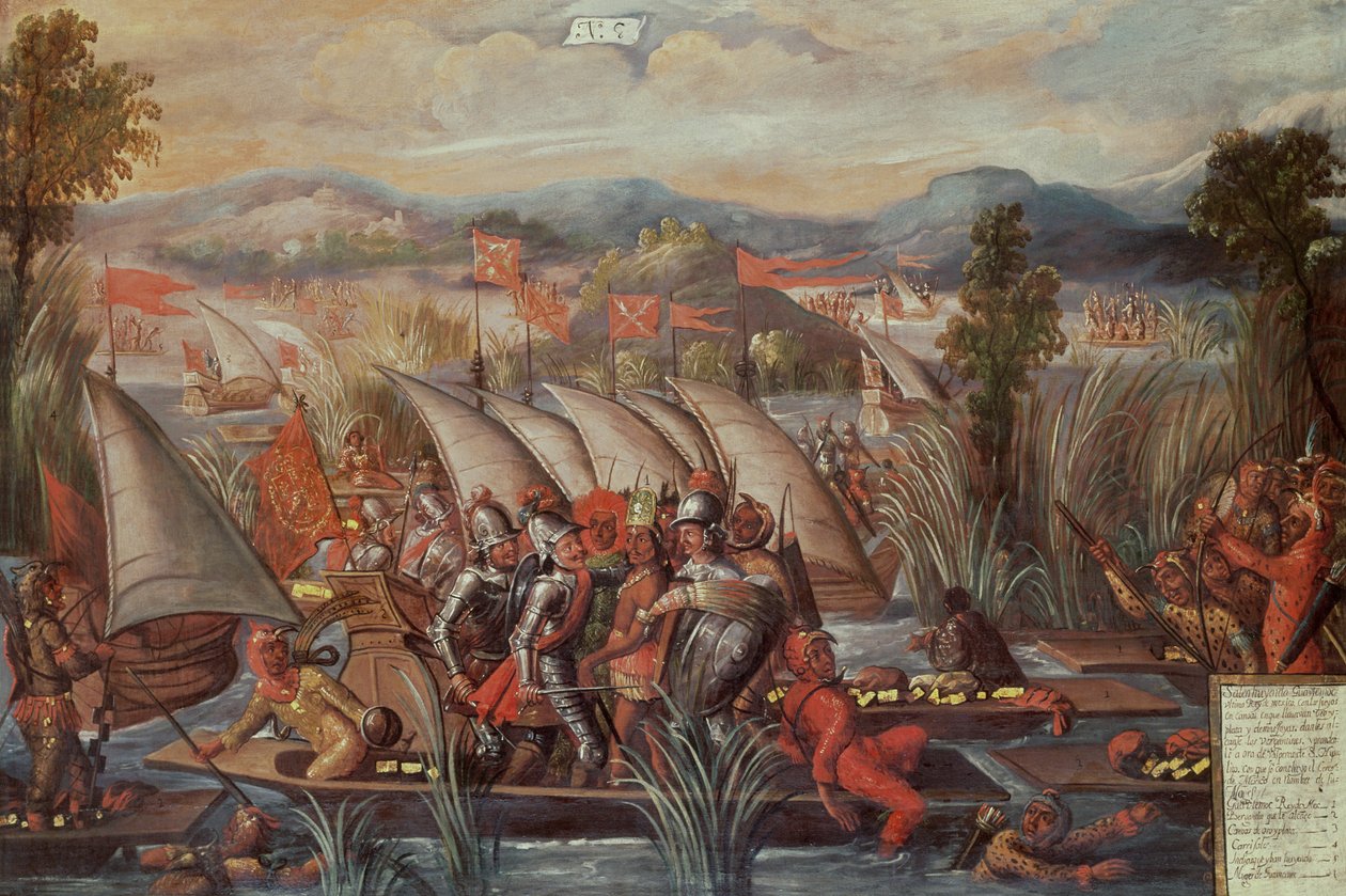 Capture of Guatemoc (ca. 1495-1522), den sidste aztekiske kejser af Mexico (panel nr. 8) af Spanish School
