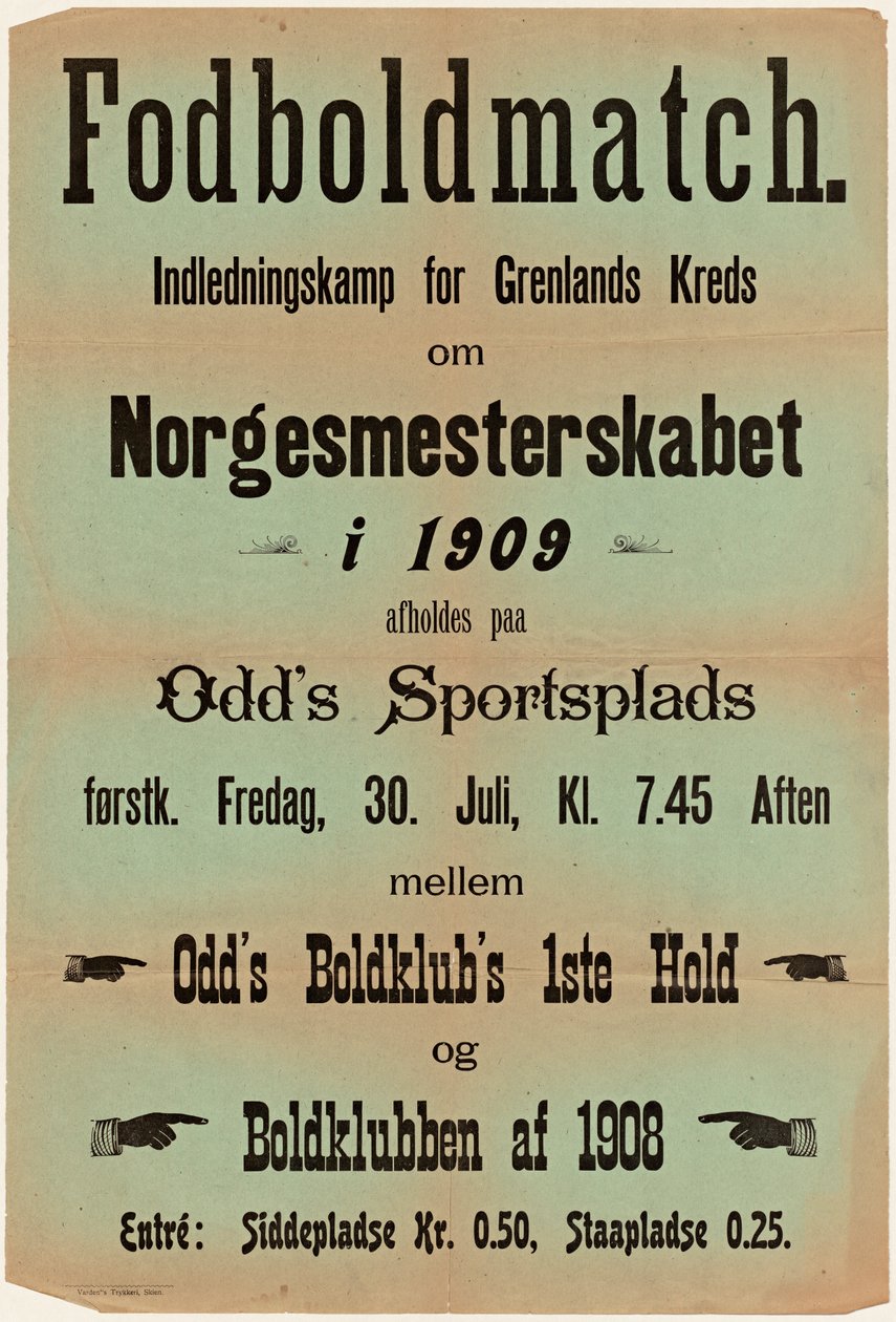 Fodboldmatch. Indledningskamp for Grenlands Kreds om Norgesmesterskabet i 1909 afholdes paa Odd’s Sportsplads førstk. af Unknown