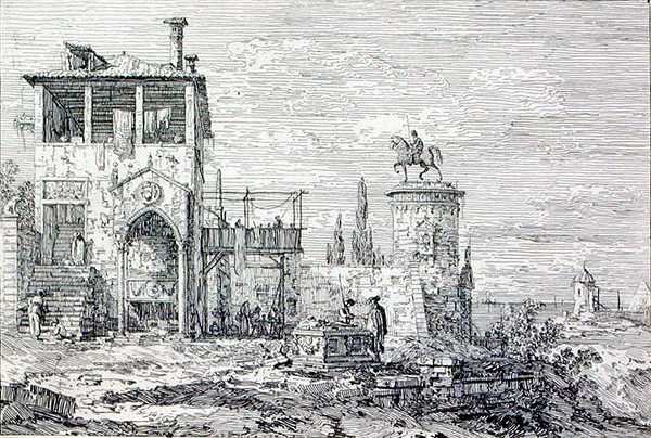 Landskab med et ridemonument (gravering) af Canaletto