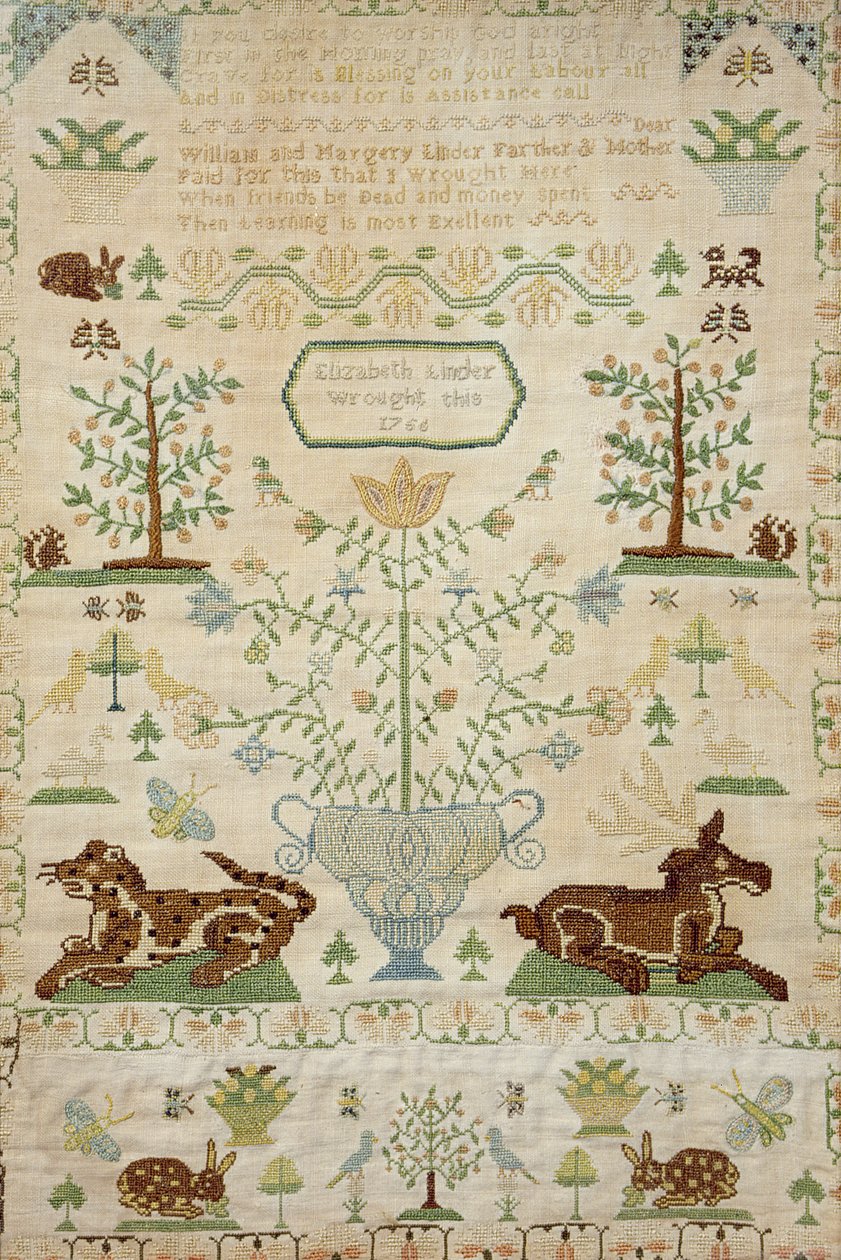 Korsstingsprøvetager med en bøn, udført af Elizabeth Linder, 1756 (silkearbejde) af Unknown