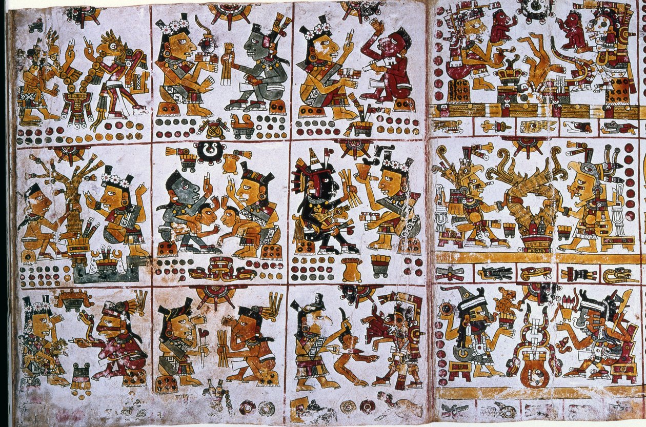 Detalje fra en faksimile Kopi af en side i Codex Borgia, der viser seks gudepar, der repræsenterer spådom for par af Unknown