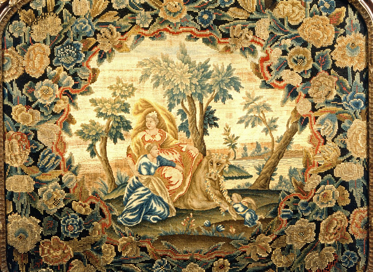 Europa og Tyren, nærbillede af billedtæppeskærm i George III træramme, 1700-tallet (uld og silkeværk) af Unknown
