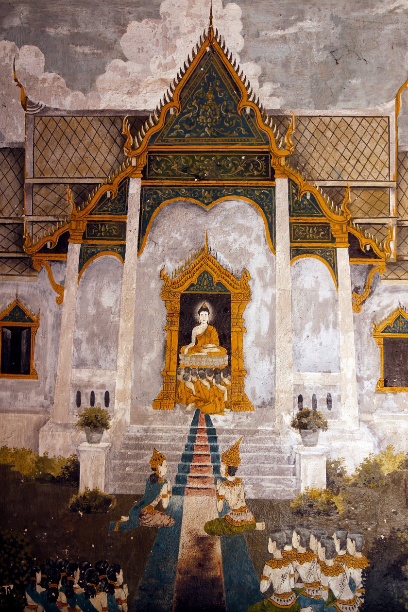 Fresko, der viser en scene fra Buddhas liv i Wat Phra Doi Suthep, Chiang Mai. Thailand af Unknown