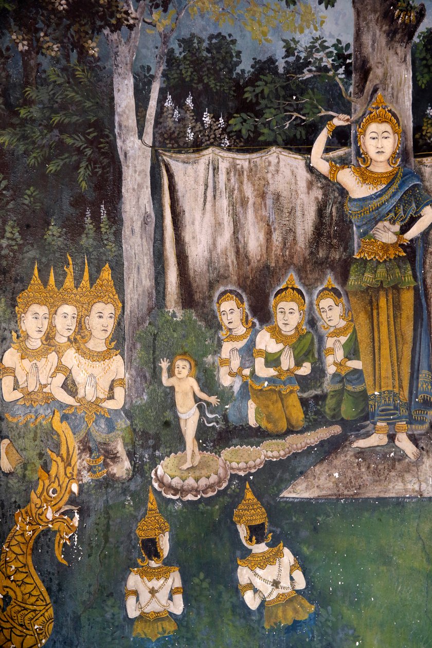 Fresko, der viser en scene fra Buddhas liv i Wat Phra Doi Suthep, Chiang Mai. Thailand. Buddha som barn. r af Unknown