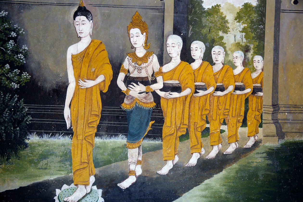 Fresko, der viser en scene fra Buddhas liv i Wat Phra Doi Suthep, Chiang Mai. Buddha og munke på en alm runde. Thailand af Unknown