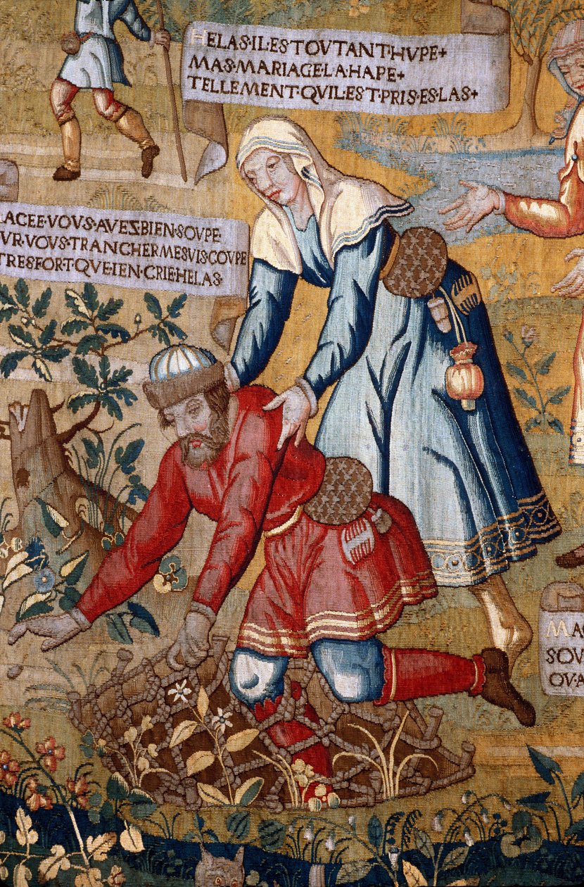 Manche N * 075, Musee de St Lo, "" Les amours de Gombeau (Gombault) og Mace (Macee) "", Detail gobelin af Unknown