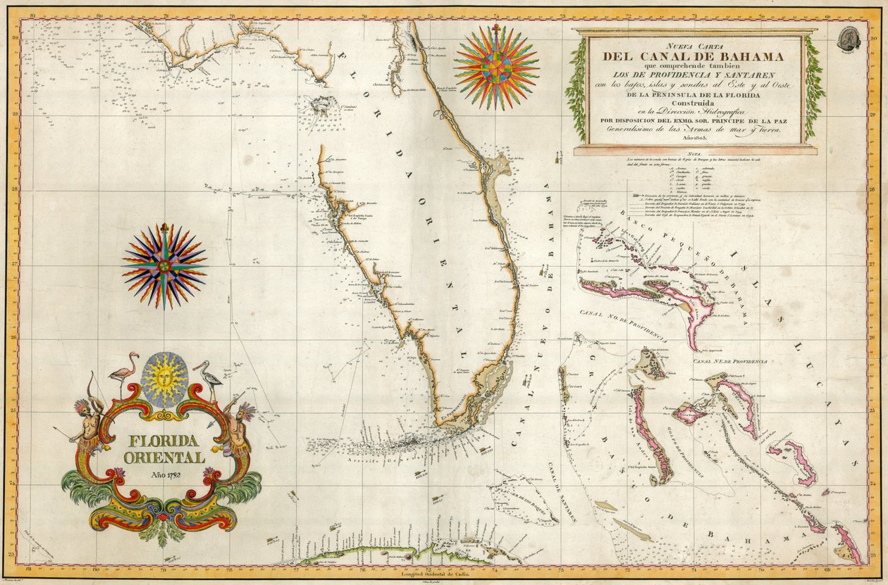 Spansk kort over Florida og Bahamas, 1805 (håndfarvet gravering) af Unknown